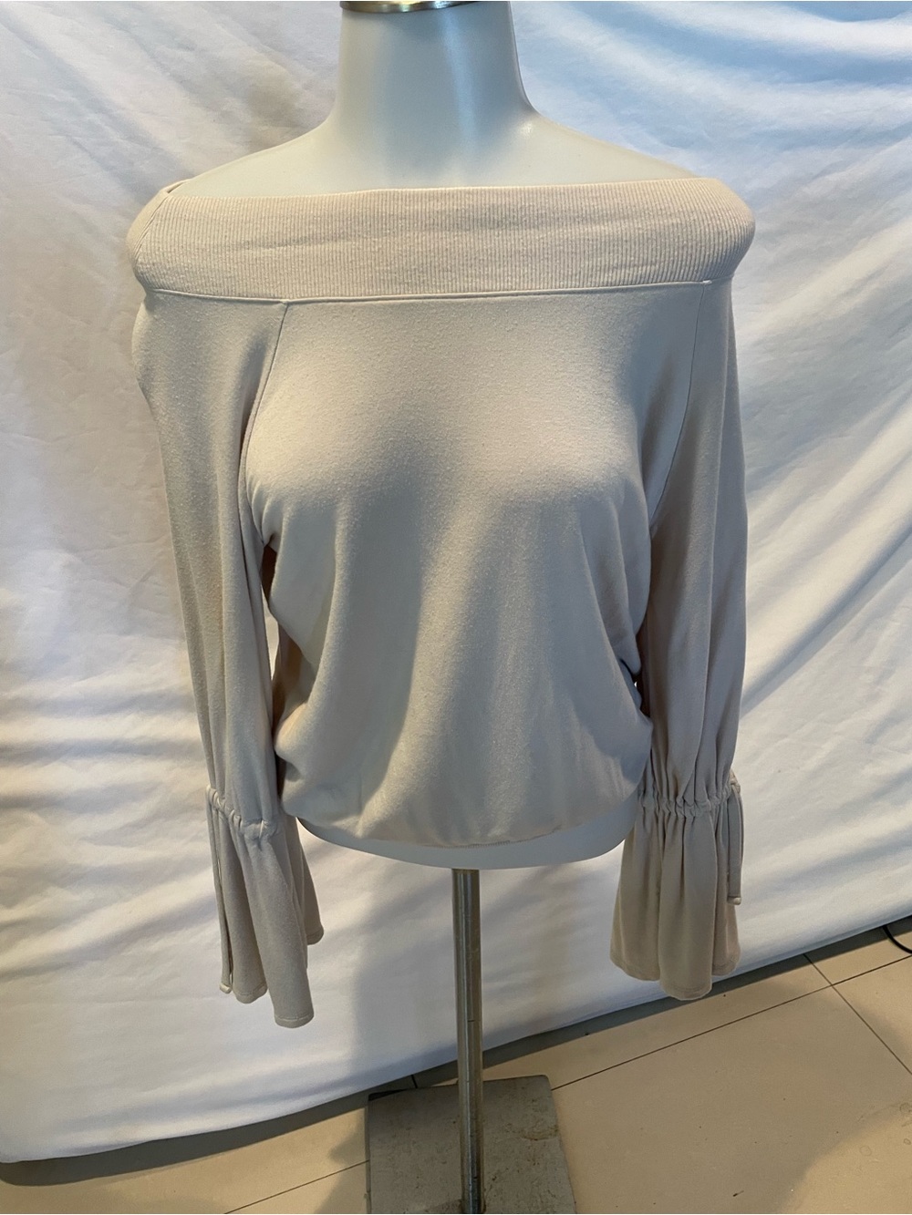 Off-Shoulder Cream Knit Sweater with Bell Sleeve Detail